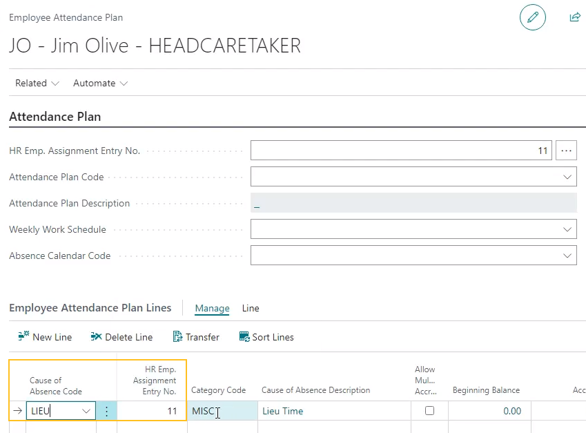 Employee Attendance Plan page Cause of Absence Code field