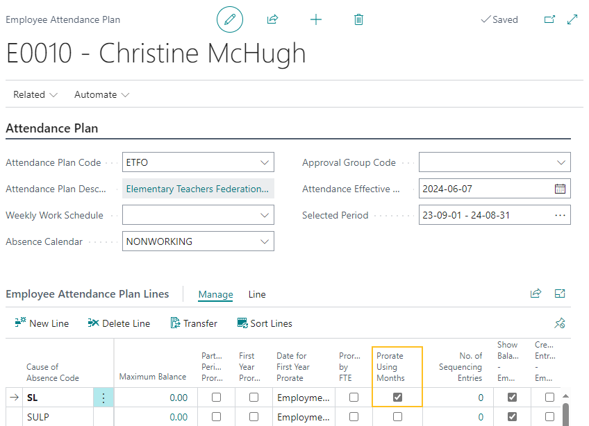 Employee Attendance Plan page Prorate Using Months field