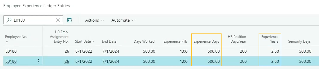 Employee Experience Ledger Entries page Experience Days and Experience Years fields