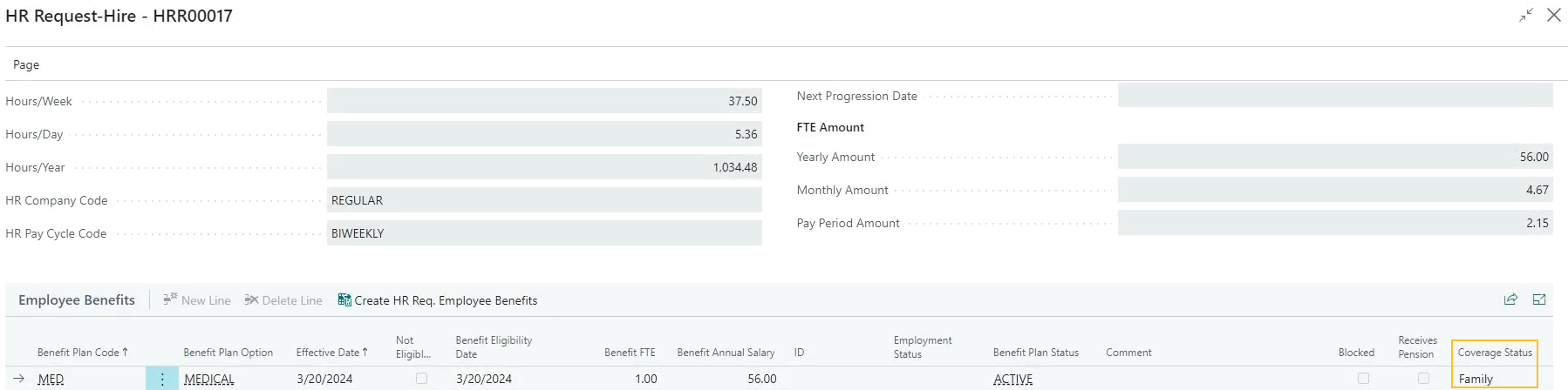 HR Request-Hire page Coverage Status field