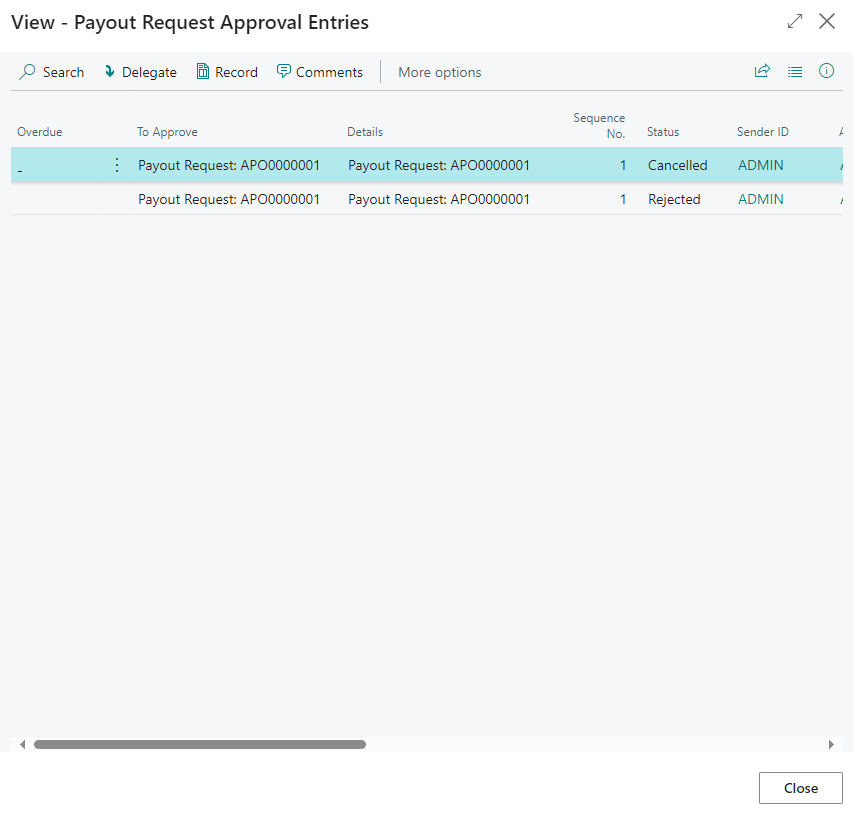 Payout Request Approval Entries page