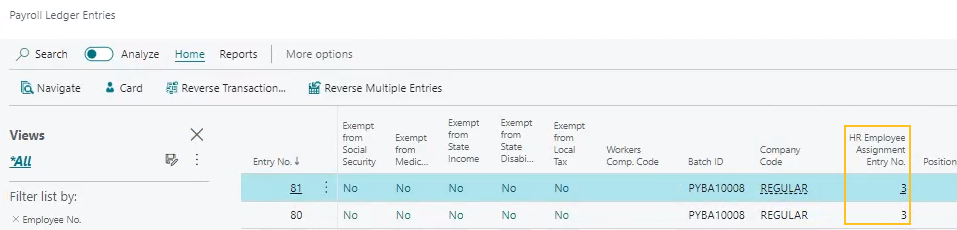 Payroll Ledger Entries page HR Employee Assignment Entry No. field