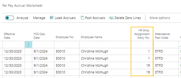 Per Pay Accrual Worksheet page HR Emp. Assignment Entry No. field