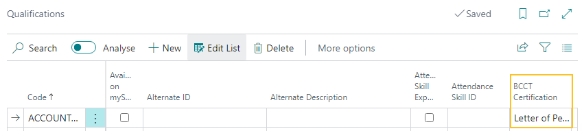Qualifications page BCCT Certification field