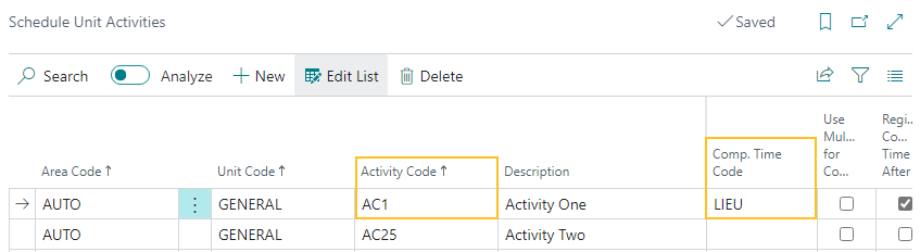 Schedule Unit Activities page Comp. Time Code field