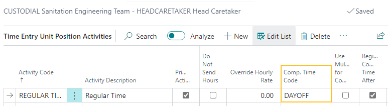 Time Entry Unit Position Activities page Comp. Time Code field