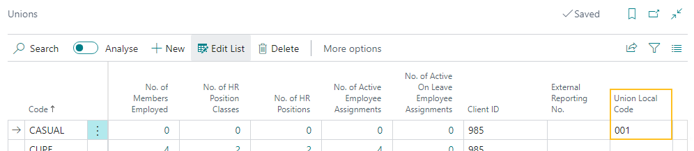 Unions page Union Local Code field