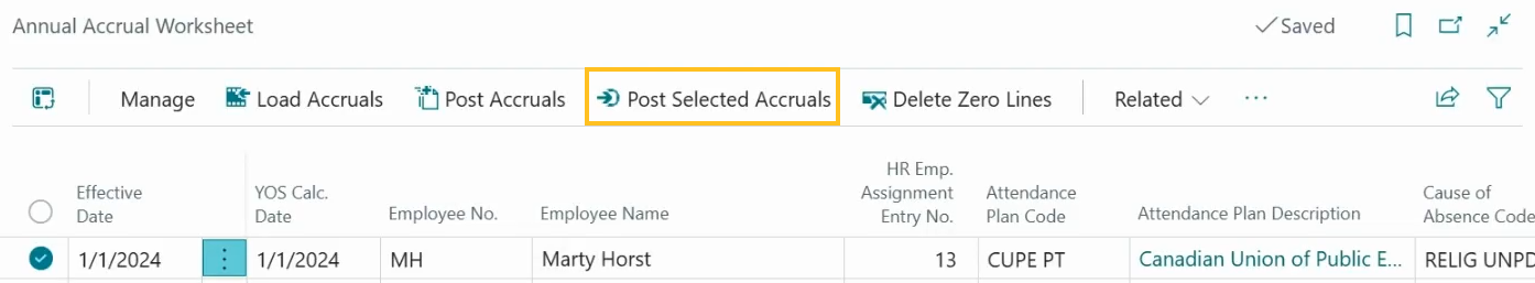 Annual Accrual Worksheet page Post Selected Accruals action