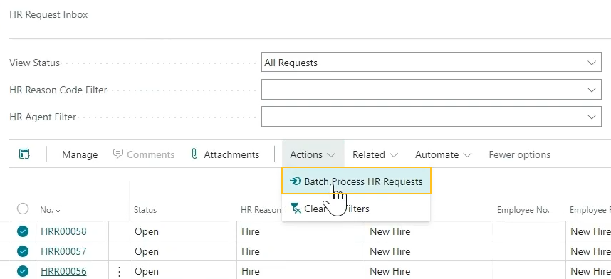 HR Request Inbox page Batch Process HR Requests action