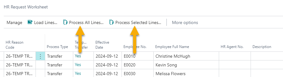 HR Request Worksheet page temporary assignment transfer Process All Lines and Process Selected lines