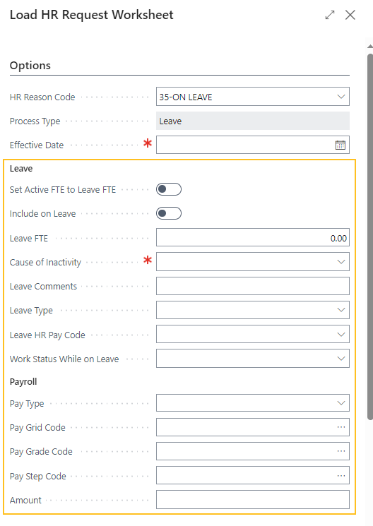 Load HR Request Worksheet page Leave and Payroll sections