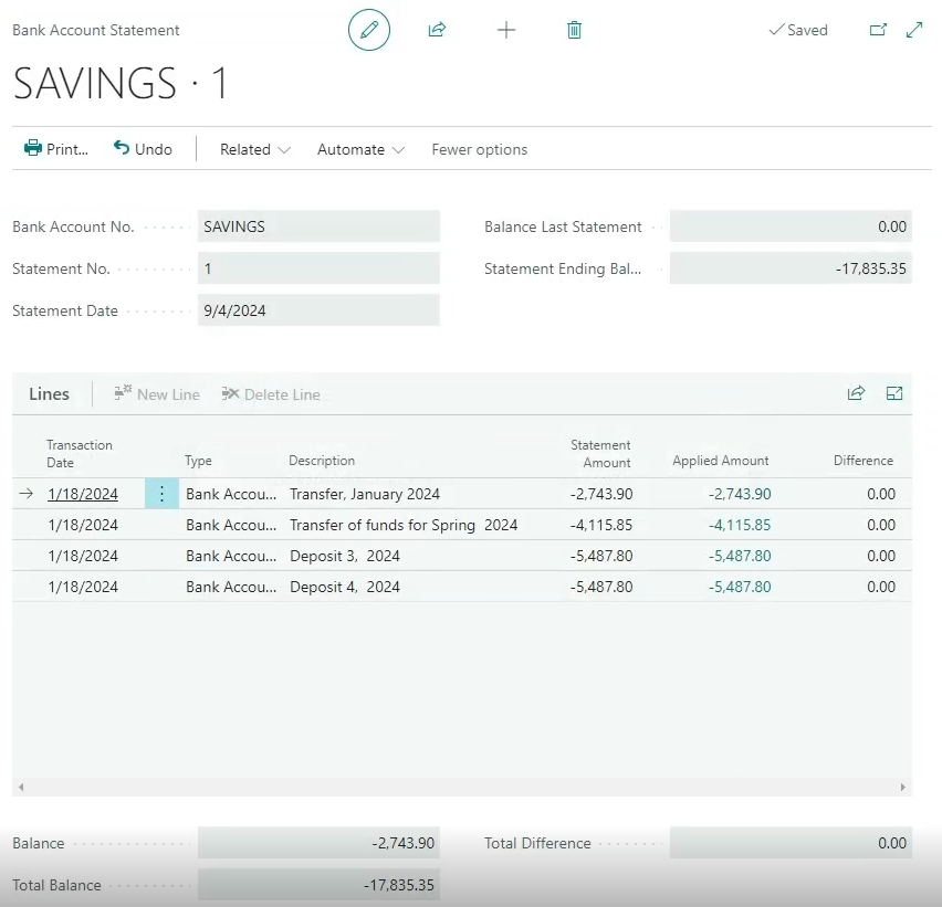 Bank Account Statement page