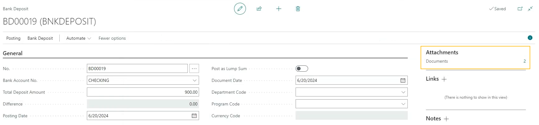 Bank Deposit page Attachments FactBox