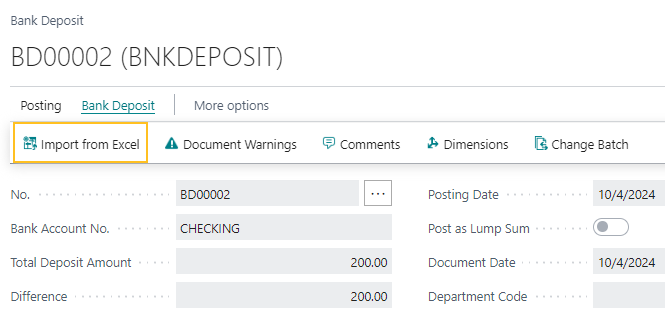 Bank Deposit page Import from Excel action