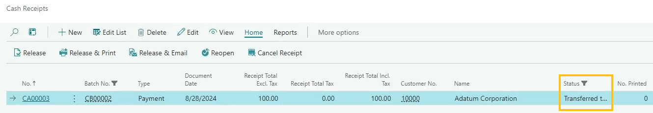 Cash Receipts page Transferred to Deposit status