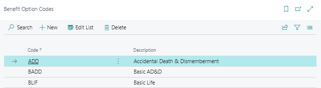 Benefit Option Codes page