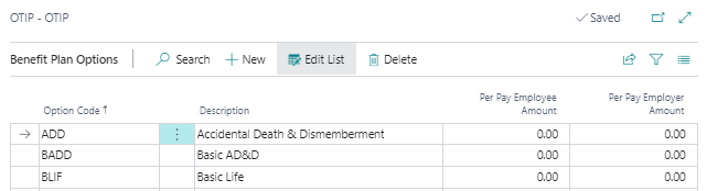 Benefit Plan Options page