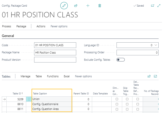 Config. Package Card page Table Caption field