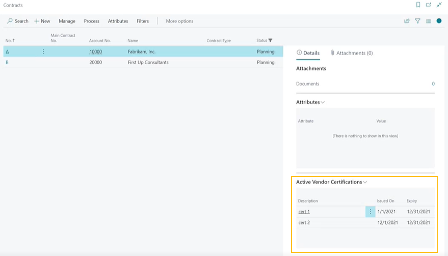 Contracts page Active Vendor Certifications FactBox