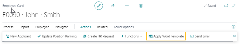 Employee Card page Apply Word Template action