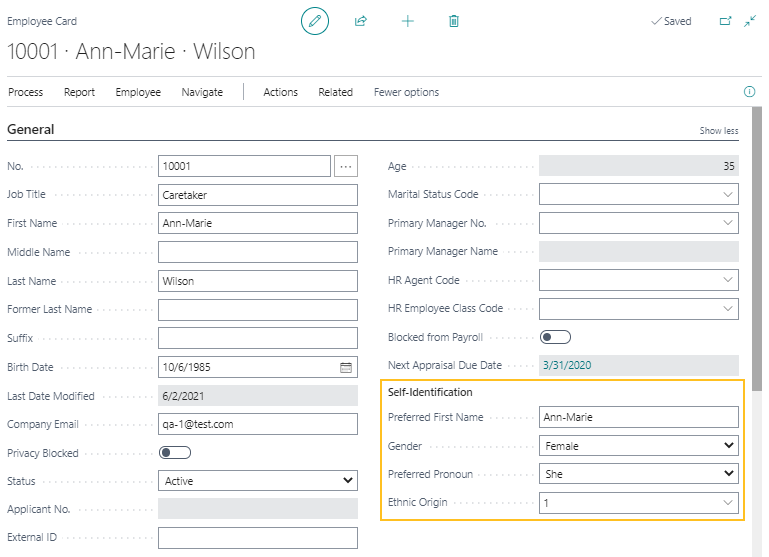 Employee Card page Self-Identification section