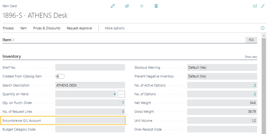 Item Card page Encumbrance G/L Account