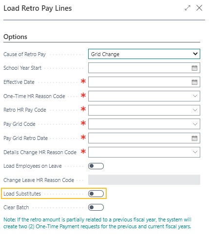 Load Retro Pay Lines page Substitutes field