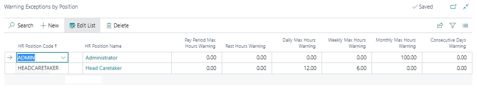 Warning Exceptions by Position page